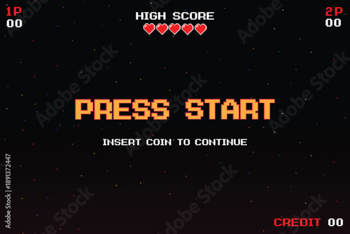 PRESS START. INSERT COIN TO CONTINUE. pixel art 8 bit. retro game. for assets in vector illustrations.	