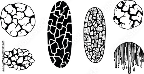 Black and white cracked earth and dry soil vector set with dripping mud and rough texture illustrations for environmental design elements