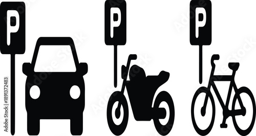 Public Parking Icon Set  Car, Motorcycle and Bicycle Symbols