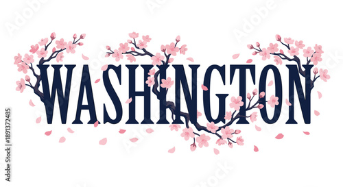 Washington text with cherry blossom flowers vector illustration