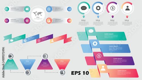 Business Infographic Presentation Set. Vector Collection of 4-Step Process Charts, Ribbons, Circular Progress Gauges, and Minimalist Triangle Flow Diagrams