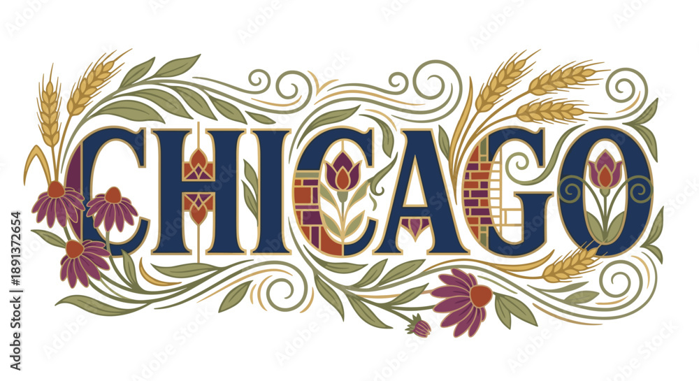 Naklejka premium Chicago city name with floral ornaments and wheat vector illustration