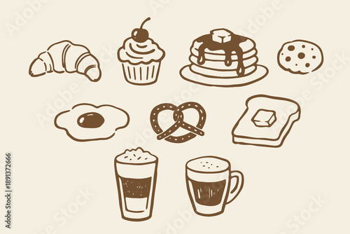 Breakfast food set doodle line art vector illustration