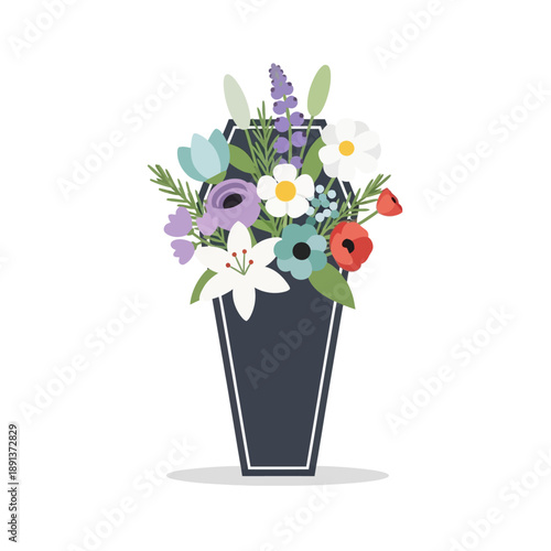 Funeral bouquet in a coffin vase, vector illustration, sympathy flowers, condolences