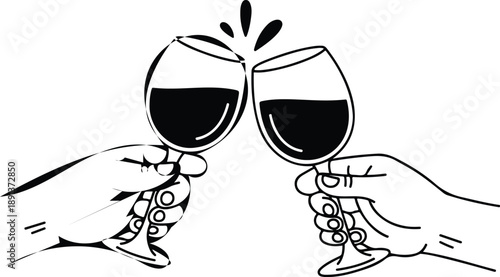 Wine Cheers Doodle Line Art  Hands Holding Wine Glasses Vintage Sketch