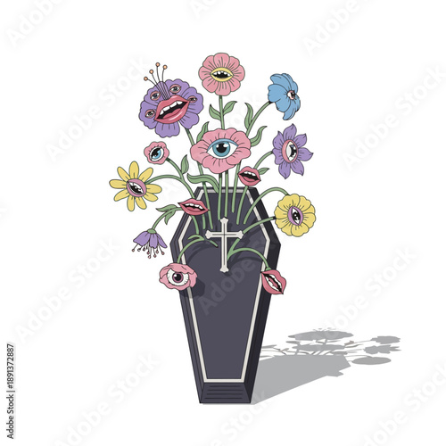 Surreal Coffin Bouquet with Eyeball Flowers and Mouths