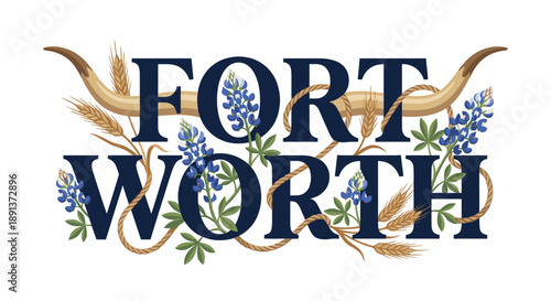 Fort Worth text with longhorns and bluebonnets vector illustration