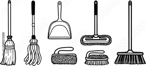 Black and white line art set cleaning tools including broom mop dustpan scrub brushes hand drawn style