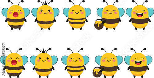 Cute bee cartoon characters collection with different emotions and poses kawaii vector illustration