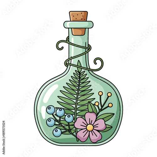 Magical Potion Bottle with Fern, Flower, and Berries - Enchanted Elixir