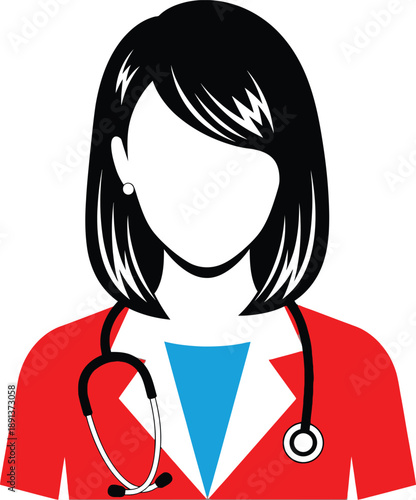 Professional Female Doctor Icon Wearing Stethoscope with Red Blazer and Blue Top