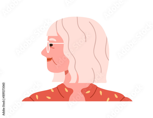 Senior old aged female profile. Elderly gray-haired woman in side view, turned head, smiling face, wearing glasses. Person looking aside. Flat vector illustration isolated on white background