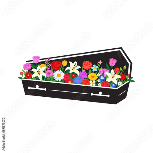 Funeral Coffin Overflowing with Colorful Flowers and Floral Arrangement