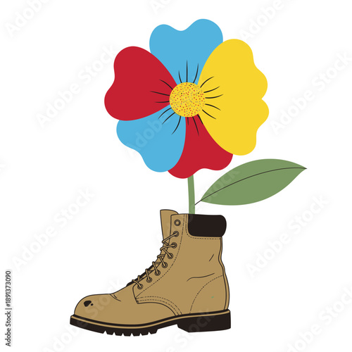 Colorful Flower Growing From Work Boot - Concept of Growth, Change, and Unconventional Beauty