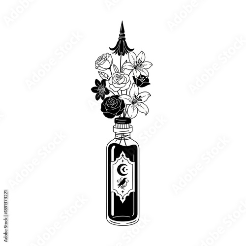 Mystical Flower Bouquet in Alchemy Bottle, Celestial Moon and Raven