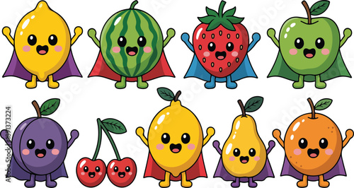 Cute Superhero Fruit Characters Vector Set – Apple, Lemon, Strawberry, and Watermelon