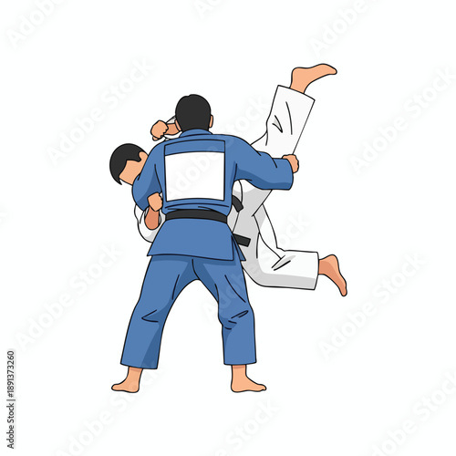 Two Martial Arts Athletes Performing Throwing Technique in Gi Uniform