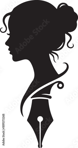 Elegant woman's profile merging with a classic fountain pen representing writing art