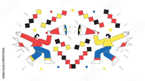 Two joyful professionals pointing at colorful megaphones with confetti and geometric shapes