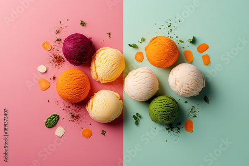 A visually striking layout showcases vibrant vegetable ice cream scoops in pastel and teal hues. Asymmetrical yet balanced, the arrangement highlights the playful fusion of color and flavor.