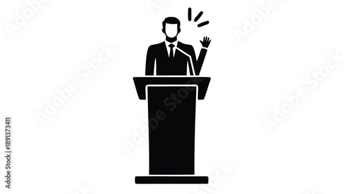 Businessman giving a presentation with hand gesture standing confidently behind a podium in a formal setting