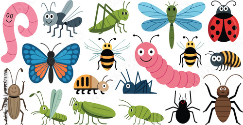Cute Insects and Bugs Vector Set – Butterflies, Bees, Ants, Worms, and Snails