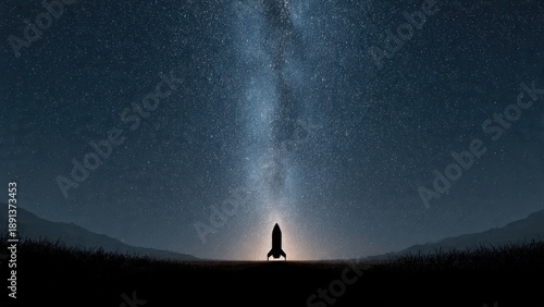 A silhouette of a rocket under a starry sky, with the Milky Way glowing above, set against a serene, dark landscape.