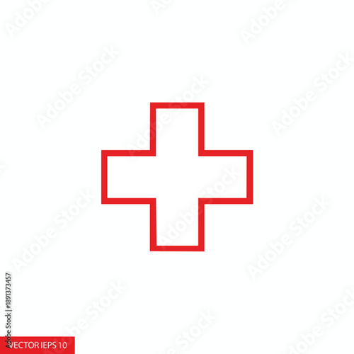 Simple Red Outline Cross Icon for First Aid and Health Care Vector