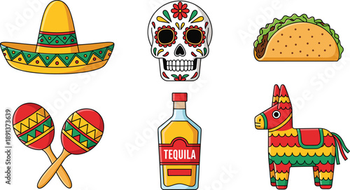 Mexican culture icons set with sombrero sugar skull taco tequila and pinata vector illustration