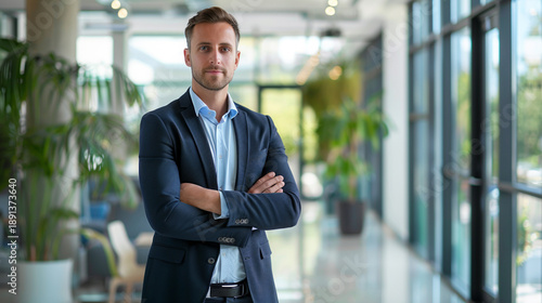 The businessman stands facing the camera.