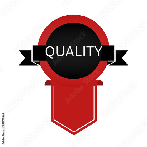 Red Quality Badge Label with Ribbon for Premium Product Certification