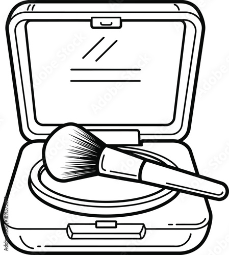 Outline icon of an open cosmetic compact with pressed powder and a beauty makeup brush, perfect for daily application