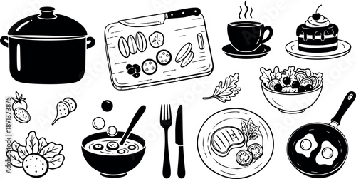 Monochrome vector art of kitchen utensils with cutting board, cooking pot, coffee cup, fried eggs in skillet, salad bowl and plated steak meal