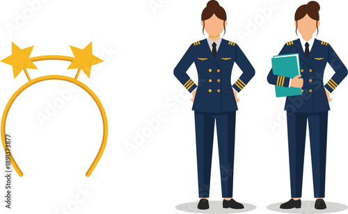 Female airline pilot captain characters in uniform with professional poses and aviation accessories vector illustration