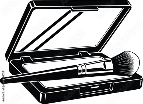 Classic black and white illustration of an open makeup compact with a cosmetic brush, perfect for beauty routines and professional application