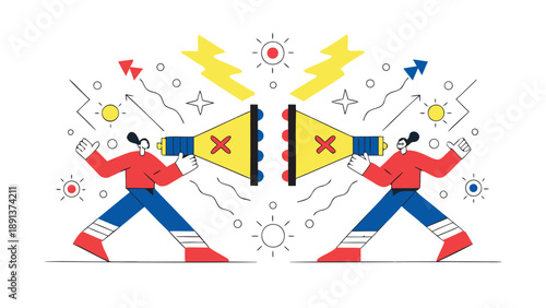 Two team members shouting into megaphones with conflict and disagreement concept illustrating communication issues and teamwork problems in a stylized flat vector illustration