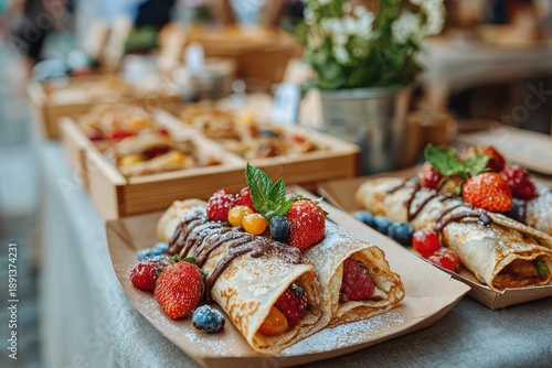 Delicious Crepes Topped with Fresh Berries and Chocolate Sauce at a Vibrant Outdoor Market Setting, Perfect for Food Lovers and Culinary Enthusiasts