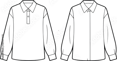 Men’s Long Sleeve Shirt Outline Manual Design Set Collar and Placket Variations