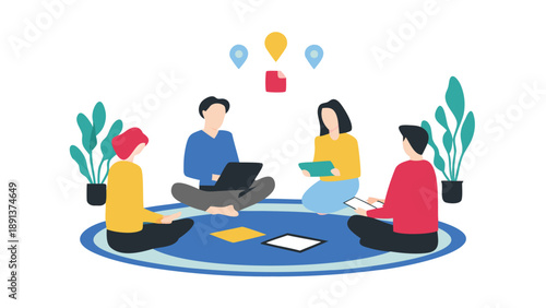 Four coworkers brainstorming sitting on a blue rug with laptops and notes surrounded by plants and floating ideas