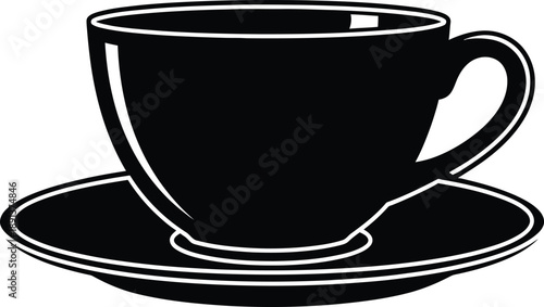 Black Coffee Cup and Saucer Isolated on White Background - Simple Vector Illustration