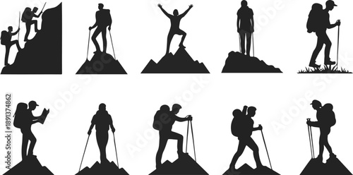Mountain Adventure Outline Manual Design Set Hiker and Trekking Silhouettes