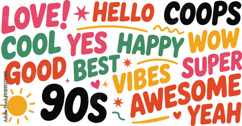 Retro 90s Hand-Drawn Lettering Vector Set – Positive Words and Phrases