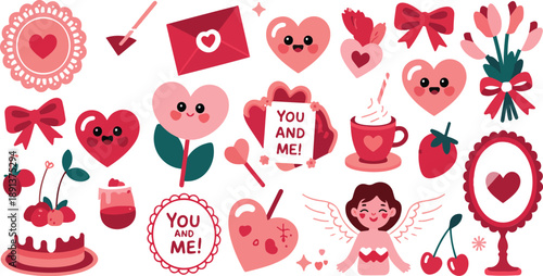 Valentine’s Day Romantic Illustration Set – Hearts, Cupid, and Love Symbols