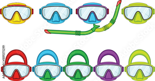 Colorful snorkeling masks and snorkels set for swimming diving and underwater adventure vector illustration