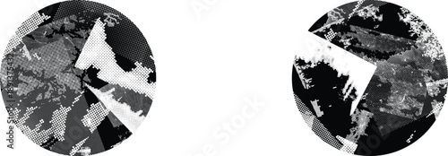 Textured circles vector set. Glitched social media templates . Trendy defect error shapes . Glitched frame .Grunge textured. Distressed effect. Shapes with a halftone dots screen print texture.
