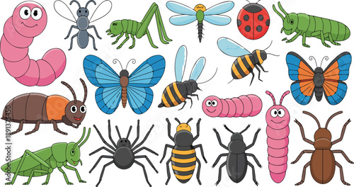 Cute Insects and Bugs Vector Set – Butterflies, Bees, Ants, Worms, and Snails