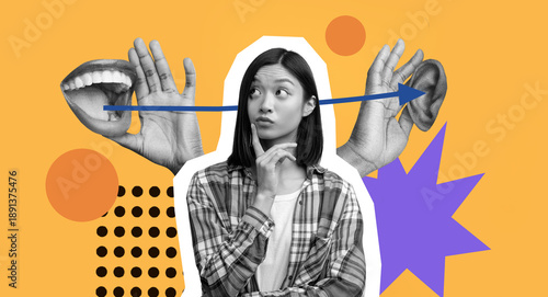 A person thinks while surrounded by various elements showing communication. The collage includes hands speaking, listening, and bright shapes in the background.