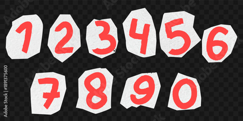 Scrapbook-style collection of vector numbers drawn with crayon and marker. Hand-drawn numerals with torn paper edges, perfect for creative layouts, posters, and DIY design projects