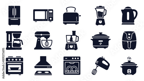 Kitchen appliances icon set. Glyph black silhouettes - refrigerator, microwave, toaster, blender, coffee maker, oven, air fryer, dishwasher, mixer, rice cooker. Flat vector pictograms
