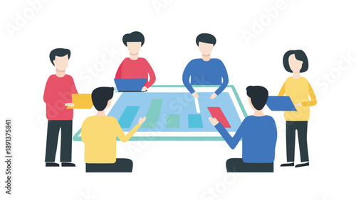 Flat illustration of five diverse professionals collaborating around a large map